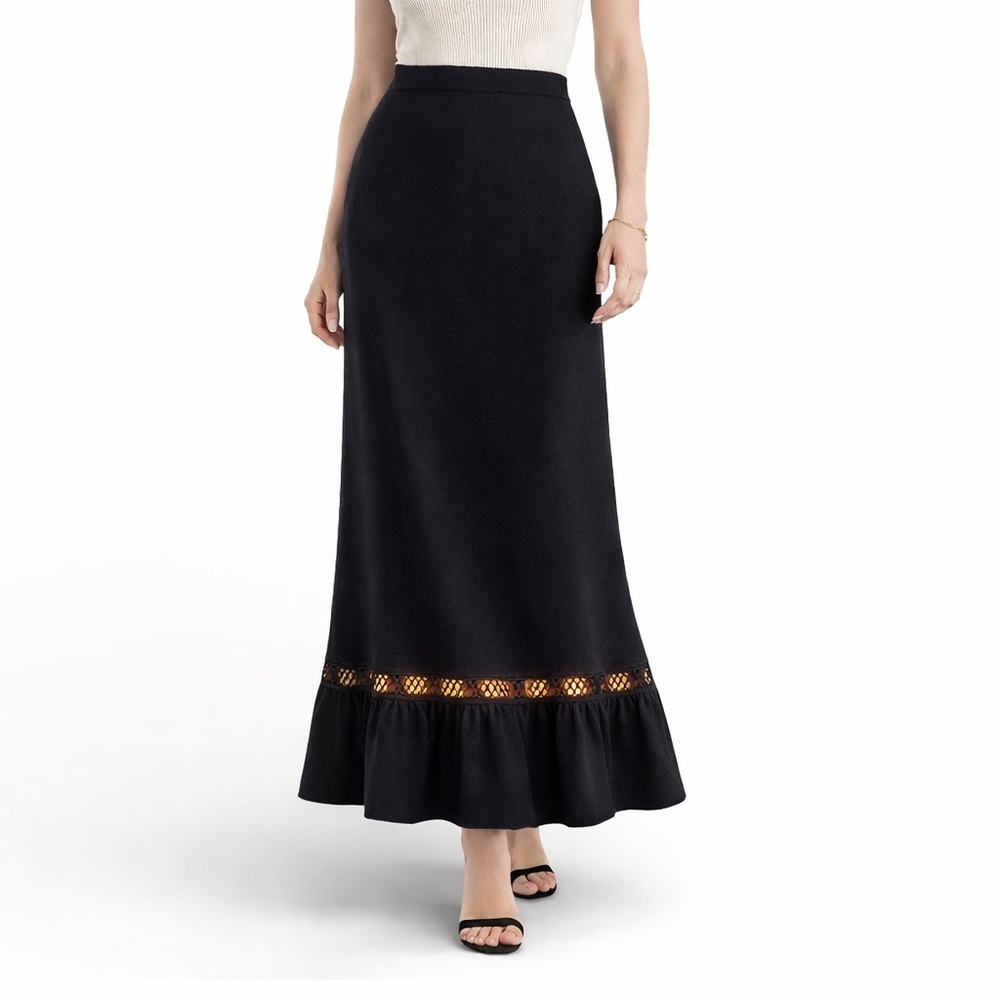 Vintage Worthington Black Knit Maxi Skirt | Ruffle Hem | Minimalist | Women’s 12